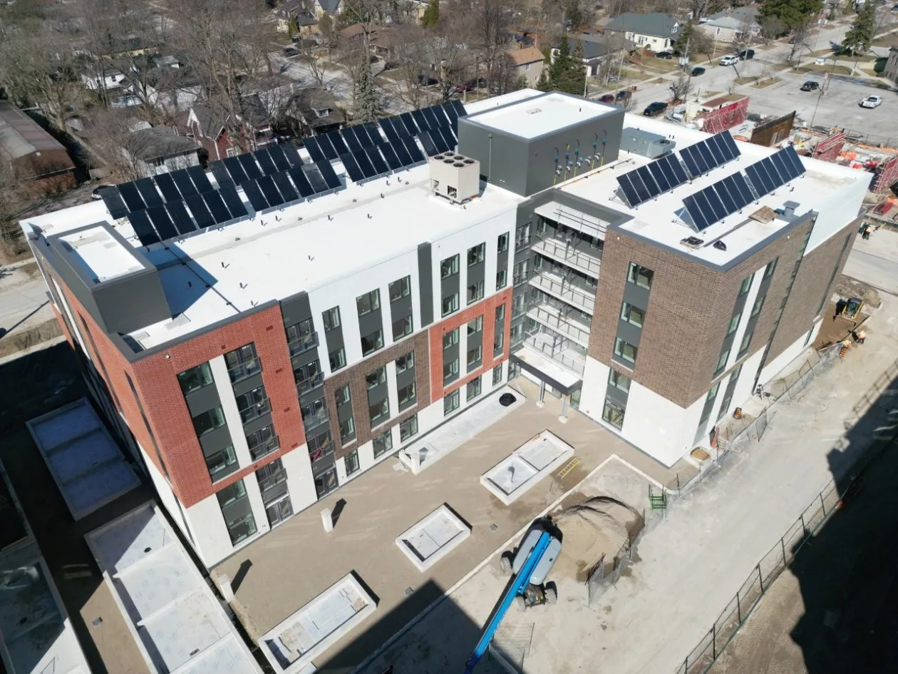 Aerial view of an apartment building at Village SoHo in London Ontario Canada